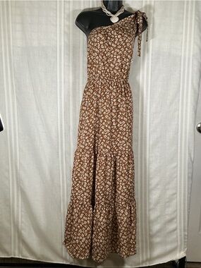 NWT PrettyGarden One Shoulder Floral Maxi Dress Brown Boho Tie Strap L